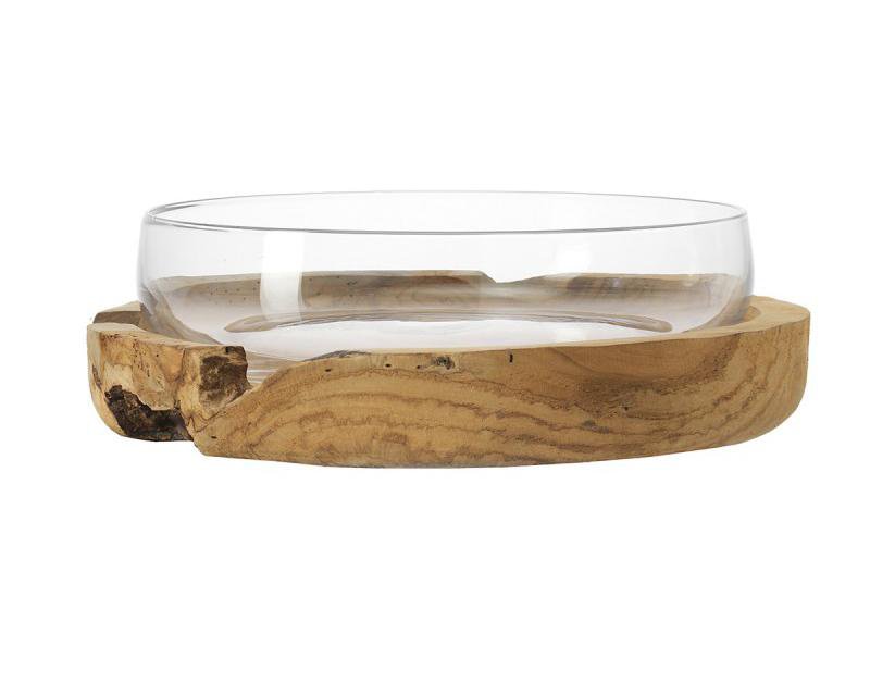 Leonardo Glass Bowl Candle Holder in Teak Bowl Base TERRA 39cm