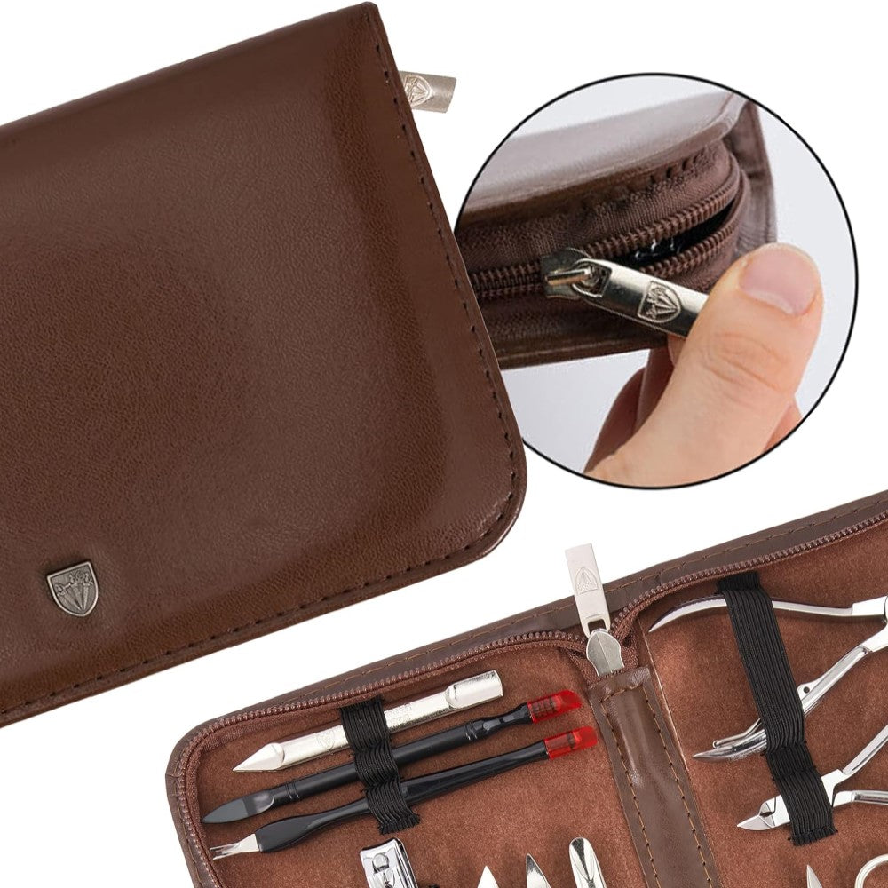 Kellermann 3 Swords Manicure Set: 16 Premium Nail Tools in Brown Leather Look Case 9205 P N