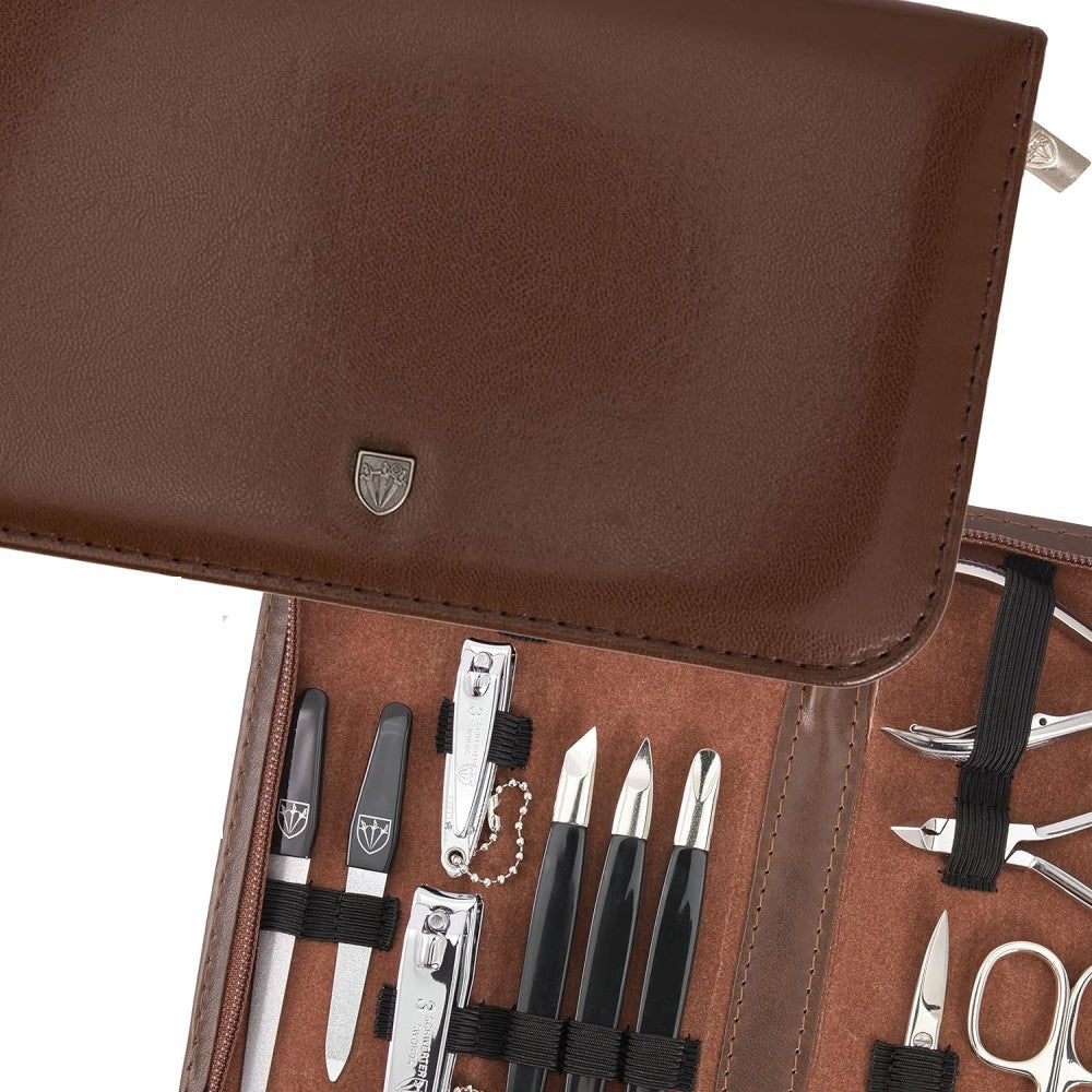 Kellermann 3 Swords Manicure Set: 16 Premium Nail Tools in Brown Leather Look Case 9205 P N