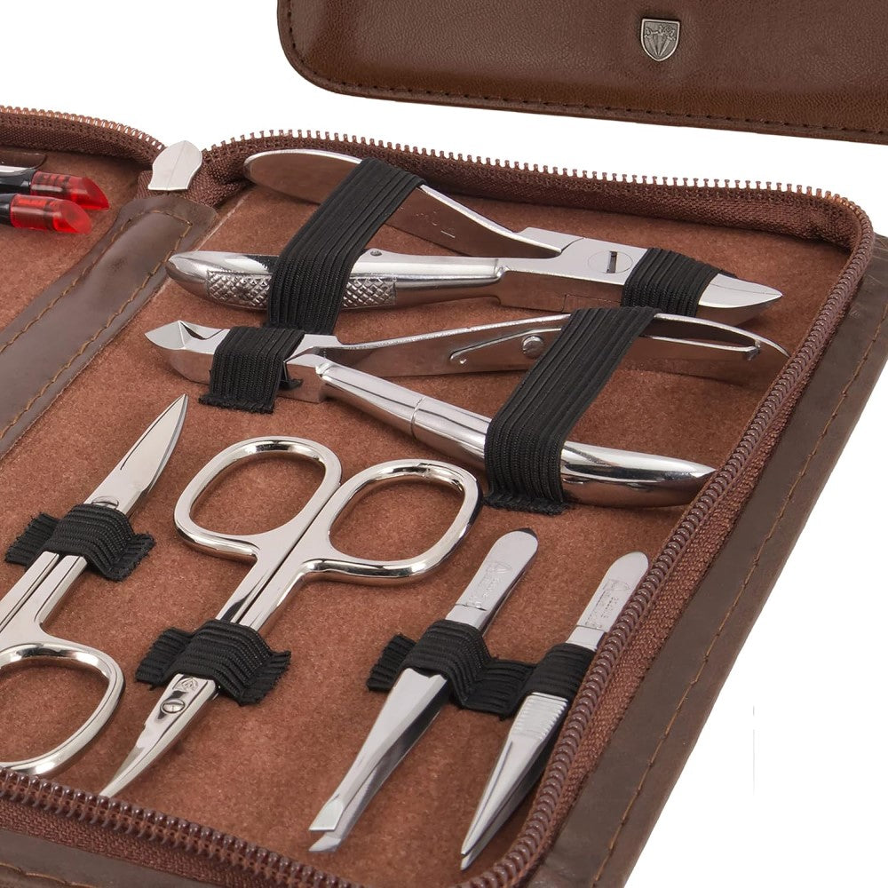 Kellermann 3 Swords Manicure Set: 16 Premium Nail Tools in Brown Leather Look Case 9205 P N