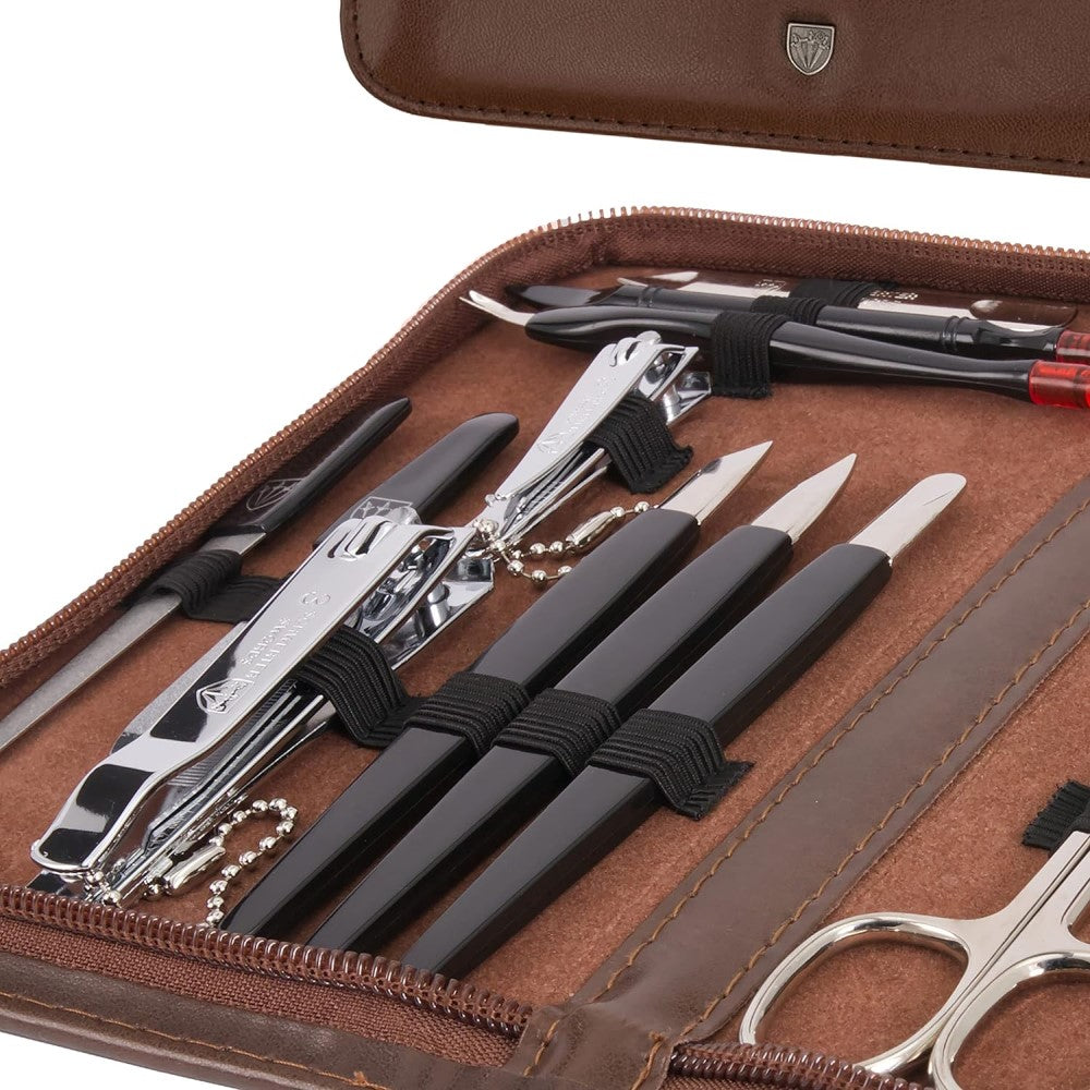 Kellermann 3 Swords Manicure Set: 16 Premium Nail Tools in Brown Leather Look Case 9205 P N