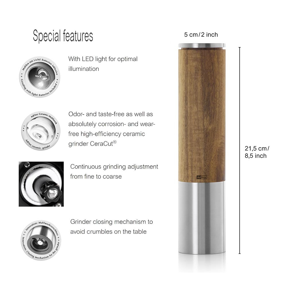 AdHoc Electric Salt or Pepper Grinder in Acacia Wood & Stainless Steel - eMill.5