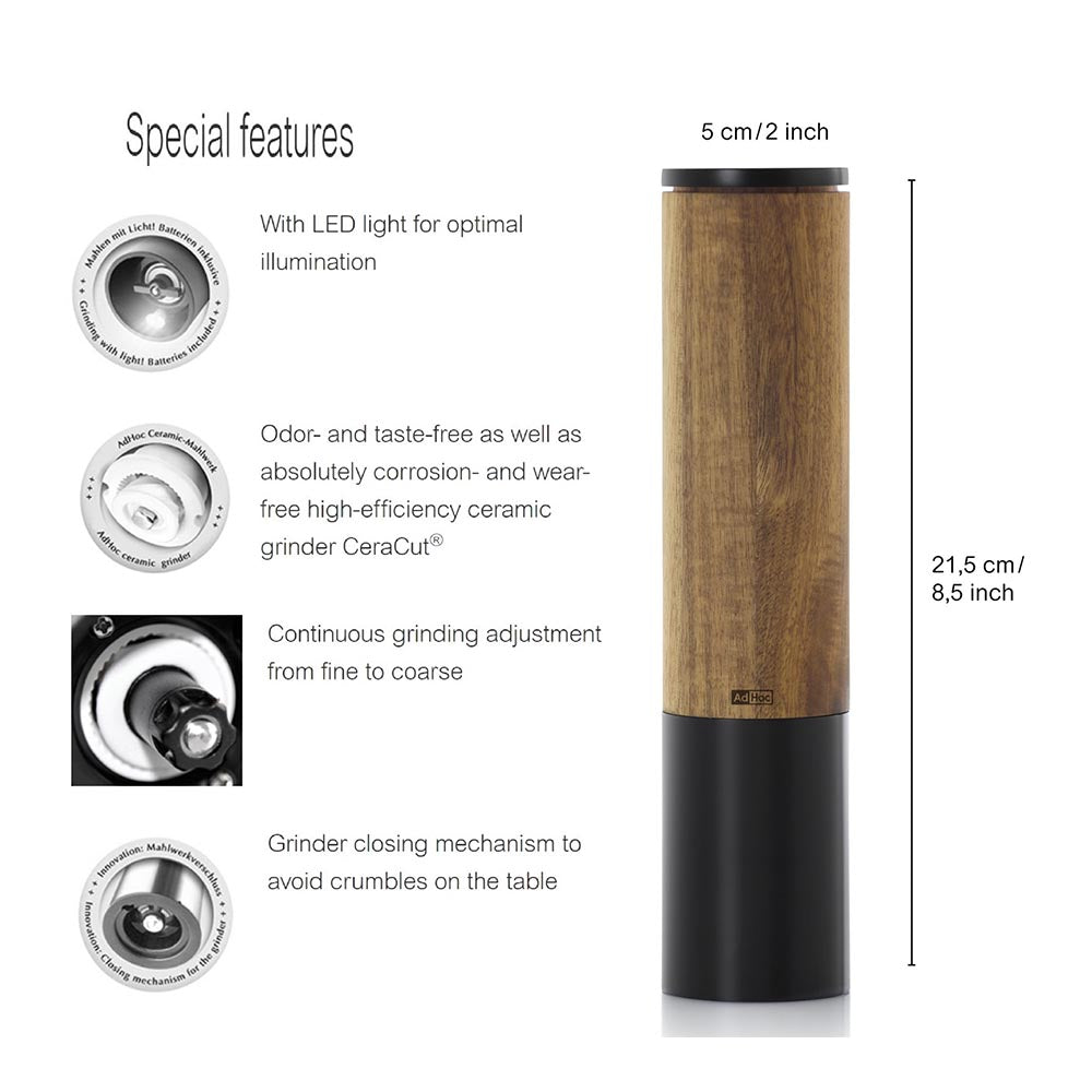 AdHoc Electric Salt or Pepper Grinder in Acacia Wood & Black Stainless Steel - eMill.5