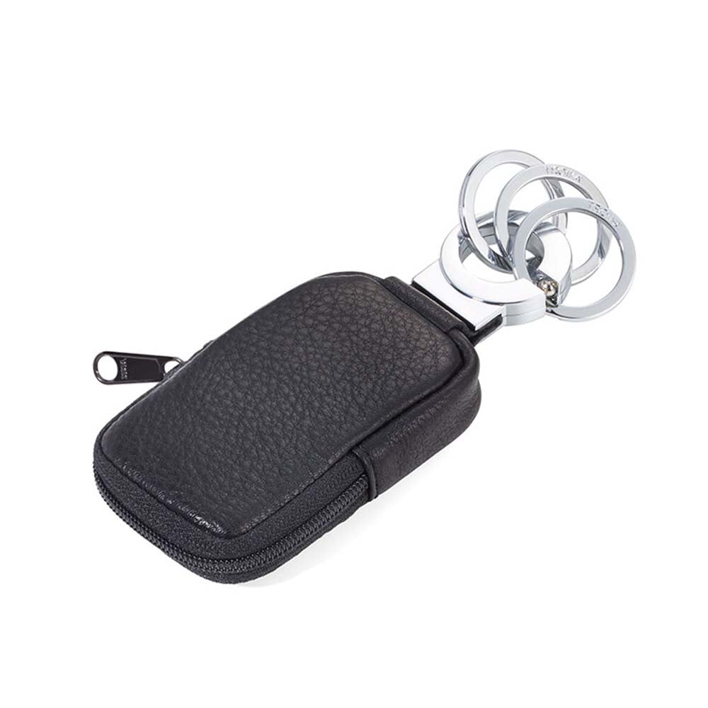 TROIKA Keyring with Coin Pocket Genuine Leather POCKET CLICK - Black