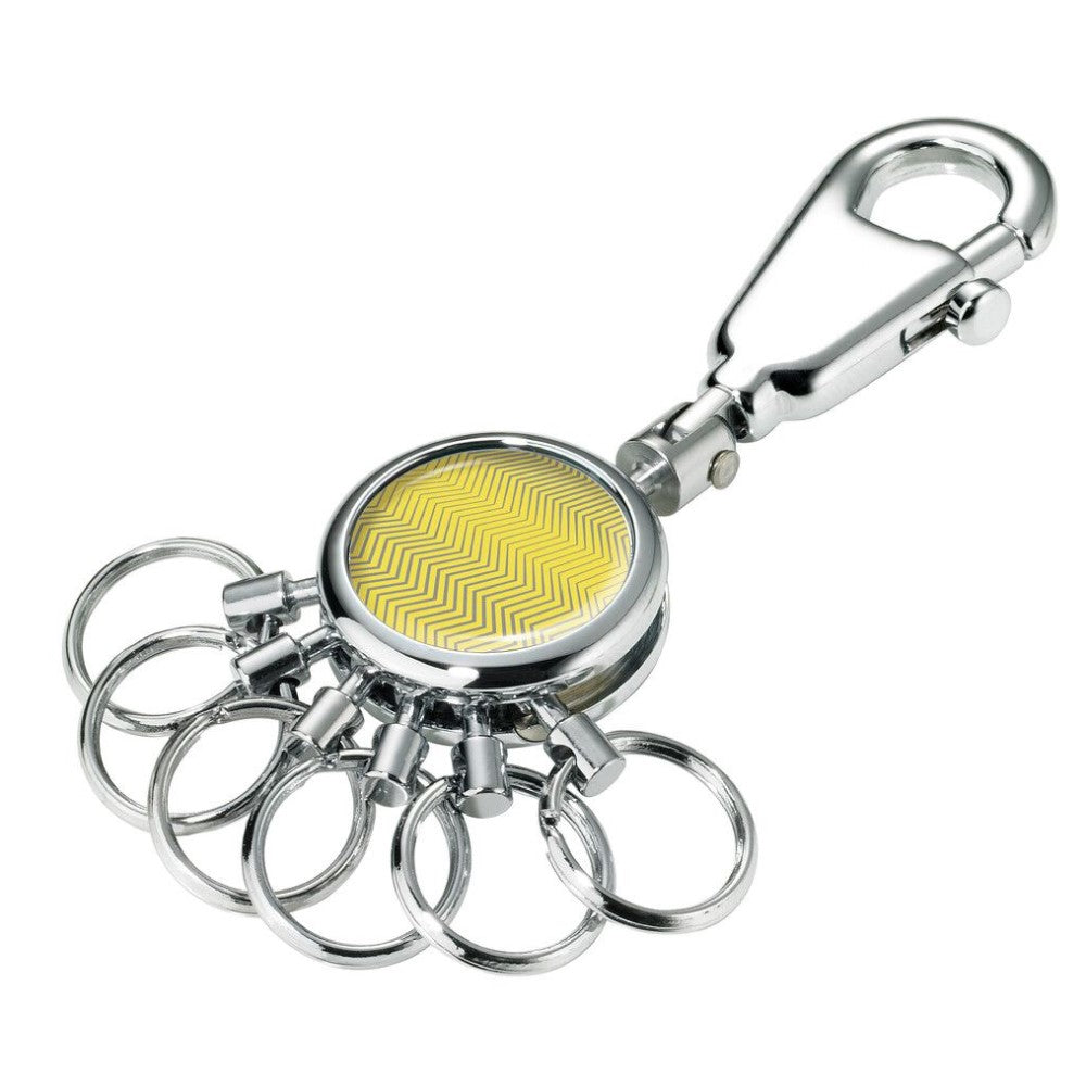 TROIKA Keyring: Carabiner Hook & 6 Easy-Release Key Rings: Yellow, Silver Trend Waves