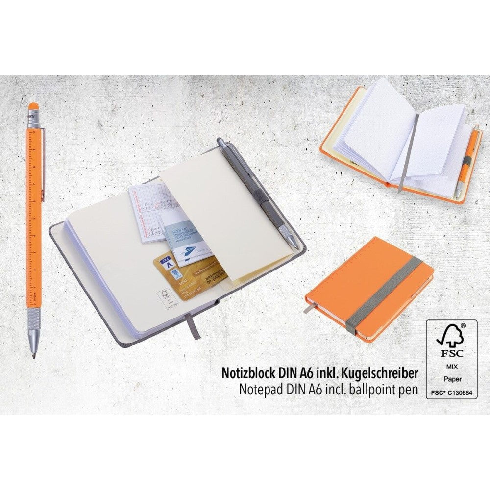 TROIKA A6 Notepad with Slim Multitasking Ballpoint Pen in Neon Orange