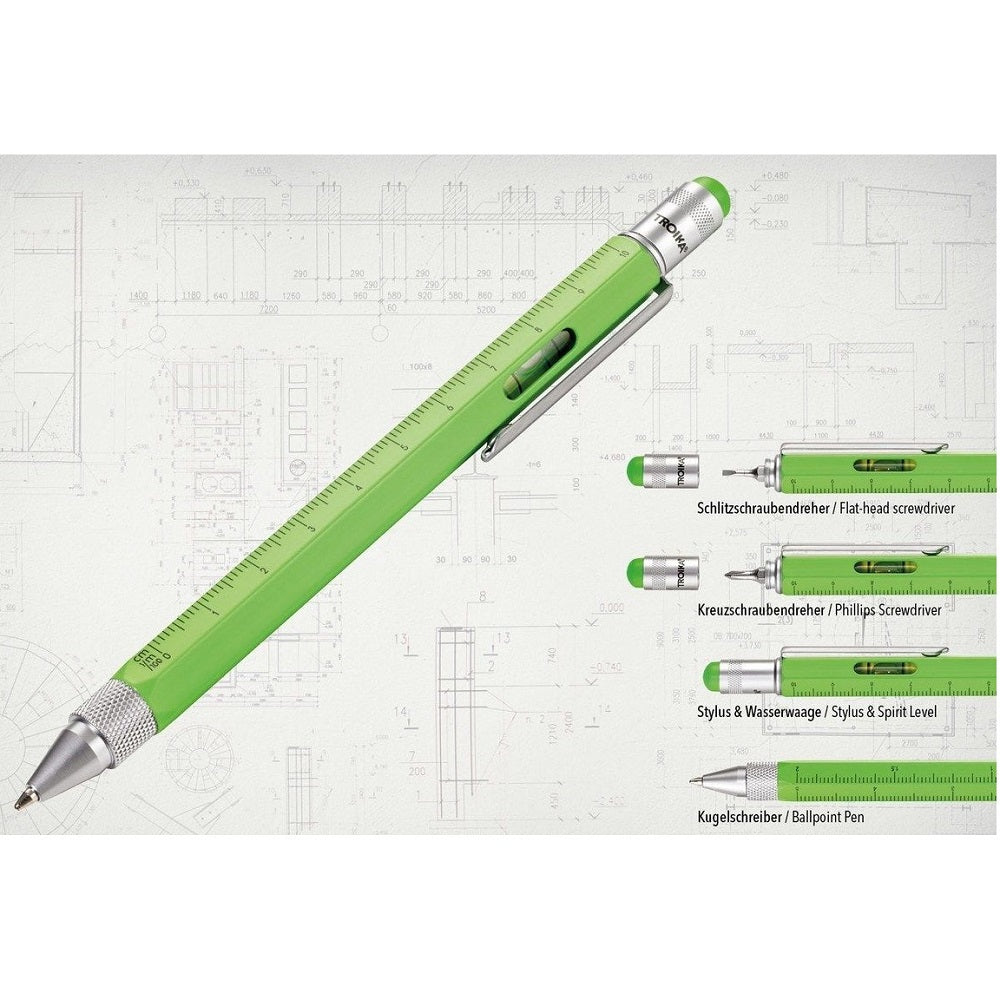 TROIKA Multitasking Ballpoint Pen Mini Tool CONSTRUCTION Neon Green