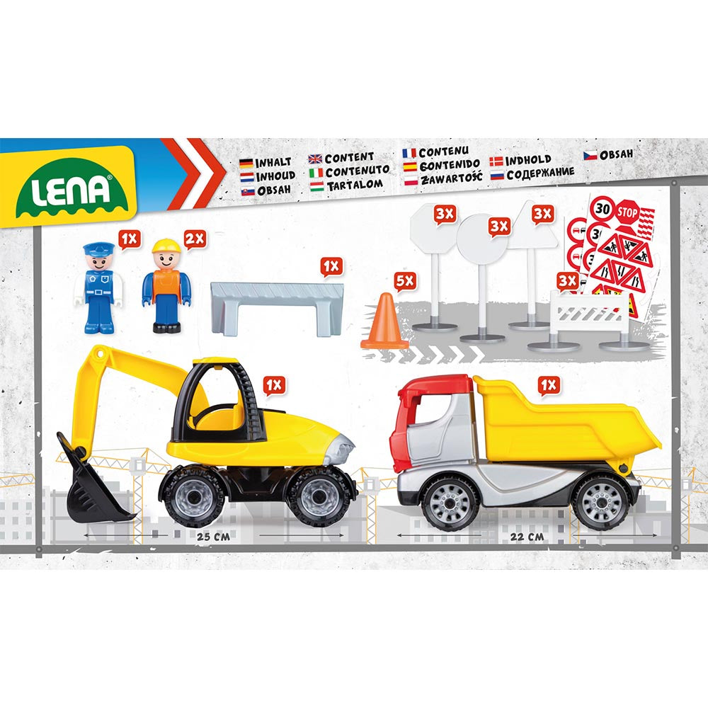 LENA Toy Construction Site: TRUCKIES Tipper, Excavator, 3x Figurines, Signs