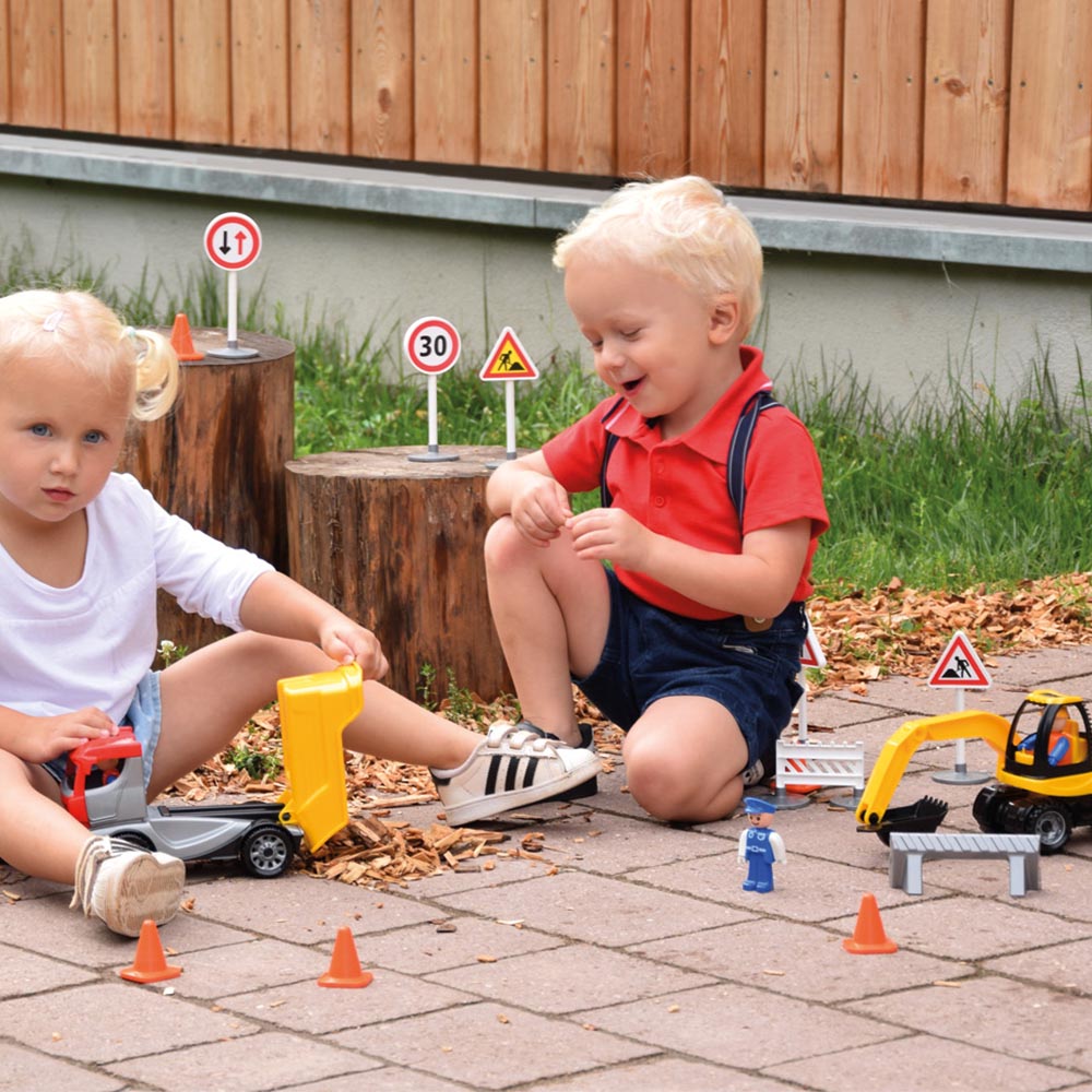 LENA Toy Construction Site: TRUCKIES Tipper, Excavator, 3x Figurines, Signs