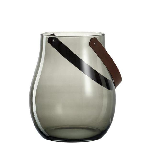 Leonardo Grey Glass Hurricane Lamp with Leather Handle GIARDINO 32cm