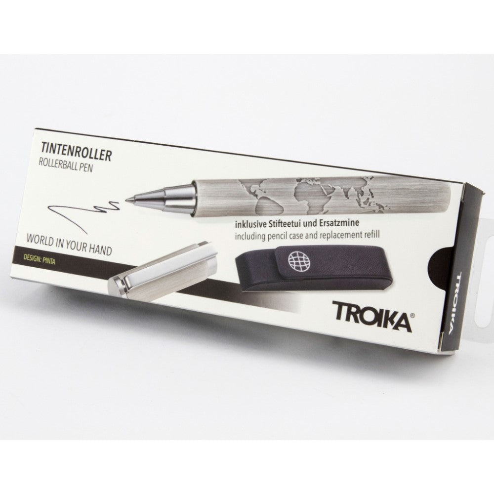 Demo - TROIKA Rollerball Pen and Pen Case Set - Embossed World In Your Hand