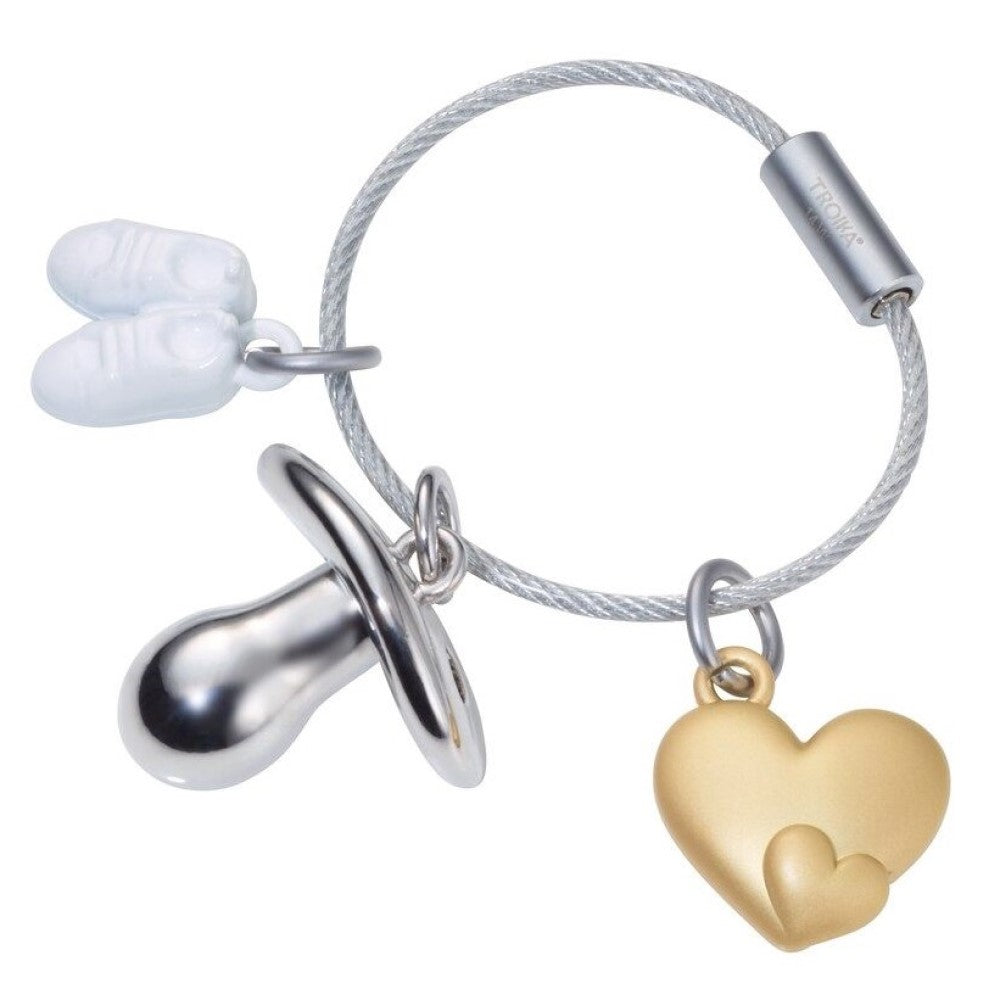 TROIKA Keyring – Welcome Baby with 3 Charms: Dummy, Heart and Baby Shoes