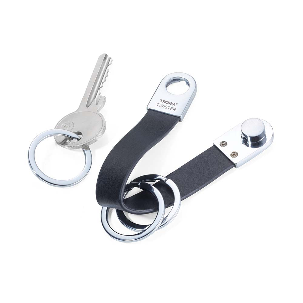 Demo - TROIKA Keyring with Leather Strap and Rounded Twist Lock - Black